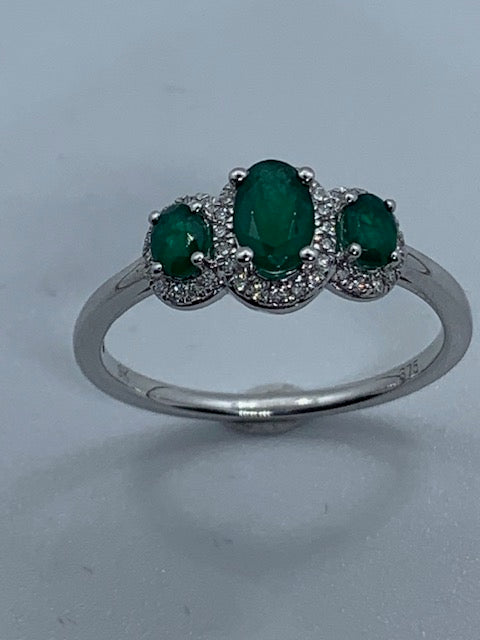 9ct White Gold Emerald and Diamond Triple Cluster Ring, Sizes J to Q (423WE)