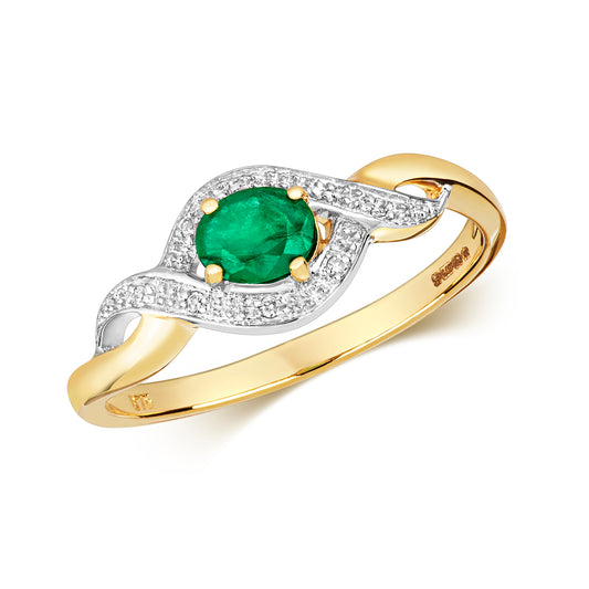 9ct Yellow Gold Emerald and Diamond Crossover Ring, Sizes J to Q (435E)