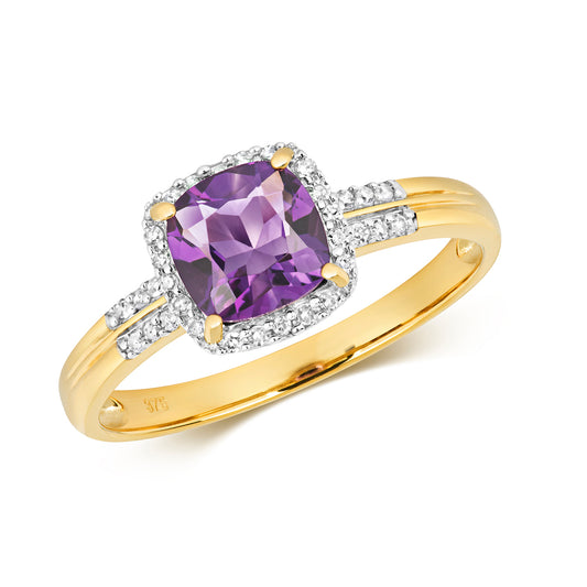 9ct Yellow Gold Real Diamond and Amethyst Cluster Ring, Sizes J to Q (450)