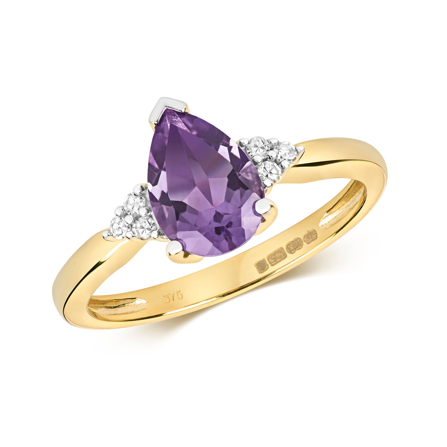 9ct Yellow Gold Pear Cut Amethyst and Diamond Ring, Sizes J to Q (451)