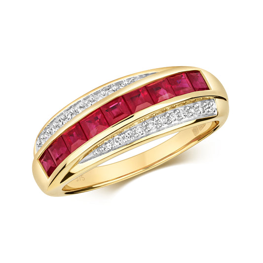 9ct Yellow Gold Princess Ruby Gemstone and Diamond Ring, Sizes J to Q (471)