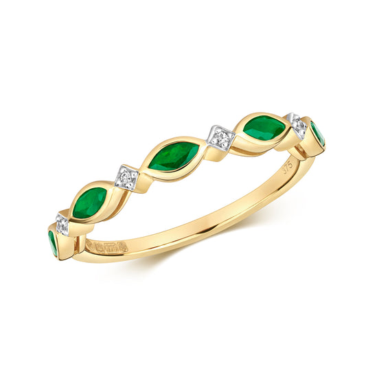 9ct Yellow Gold Emerald and Diamond Marquise Band Ring, Sizes J to Q (472)