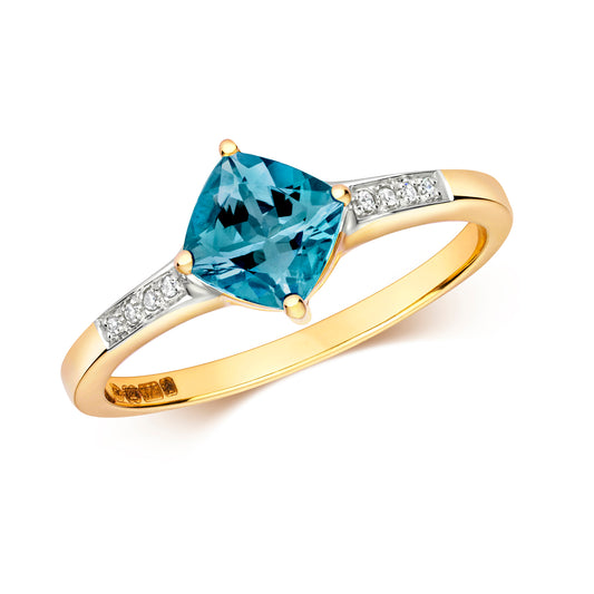 9ct Yellow Gold London Blue Topaz and Diamond Ring, Sizes J to Q (478)