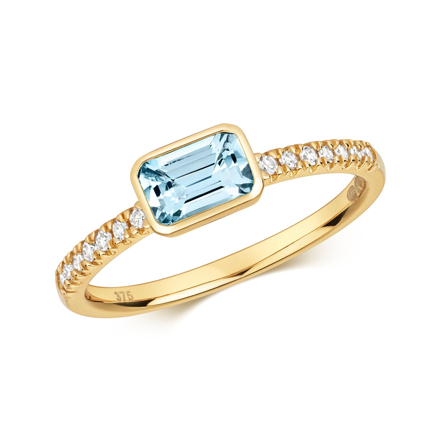 9ct Yellow Gold Natural Aquamarine and Diamond Ring, Sizes J to Q (489)