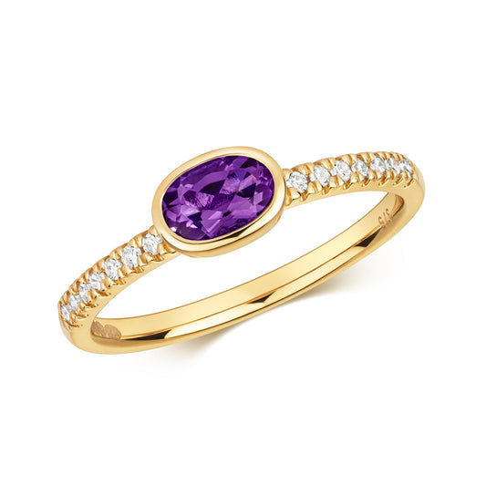 9ct Yellow Gold Natural Amethyst and Diamond Ring, Sizes J to Q (490)
