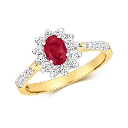 9ct Yellow Gold Ruby and Diamond Cluster Oval Ring, Sizes J to Q (502)