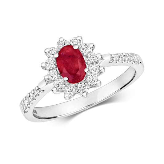 9ct White Gold Ruby and Diamond Cluster Oval Ring, Sizes J to Q (502W)