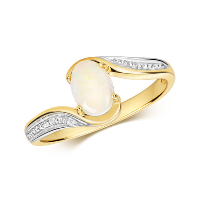 9ct Yellow Gold Natural Opal and Diamond Twist Ring, Sizes J to Q (910O