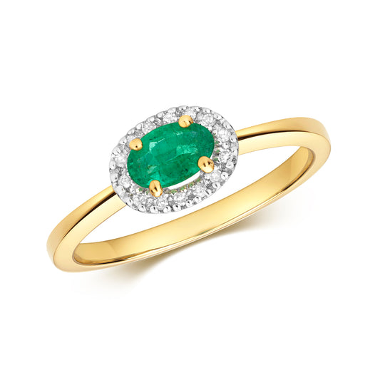 9ct Yellow Gold Emerald and Diamond Oval Cluster Ring, Ring Sizes J to Q (911)