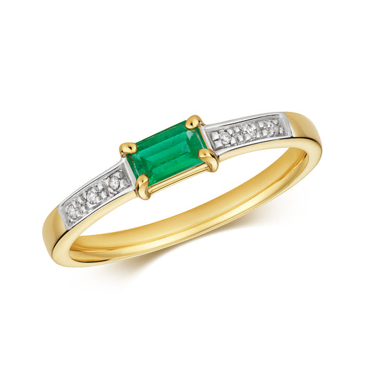 9ct Yellow Gold Emerald and Diamond Stacklable Ring, Ring Sizes J to Q (927)