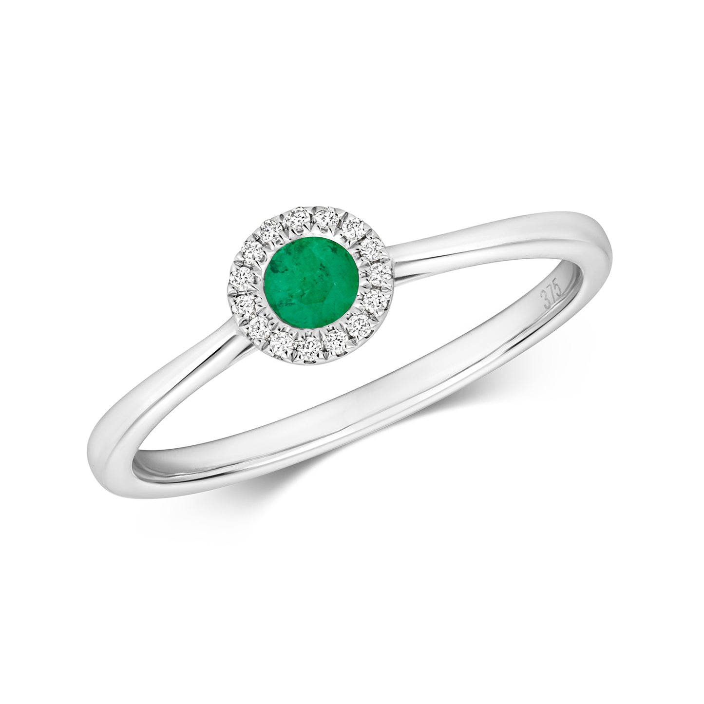 9ct White Gold Emerald and Diamond Cluster Round Ring, Sizes J to Q (931E)