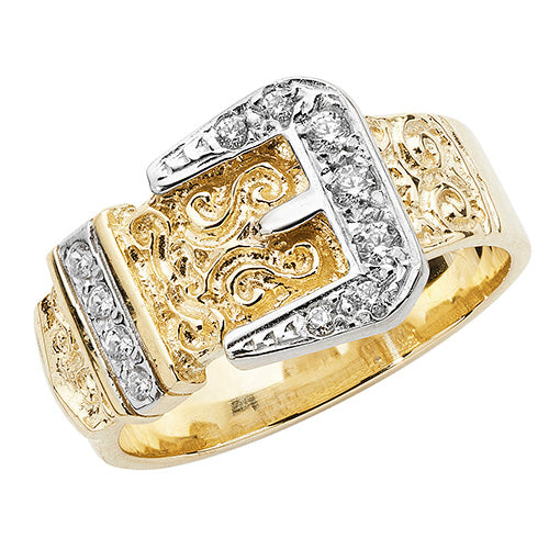 9ct Yellow Solid Gold Clear Zirconia Set Buckle Designed Band Ring (698)