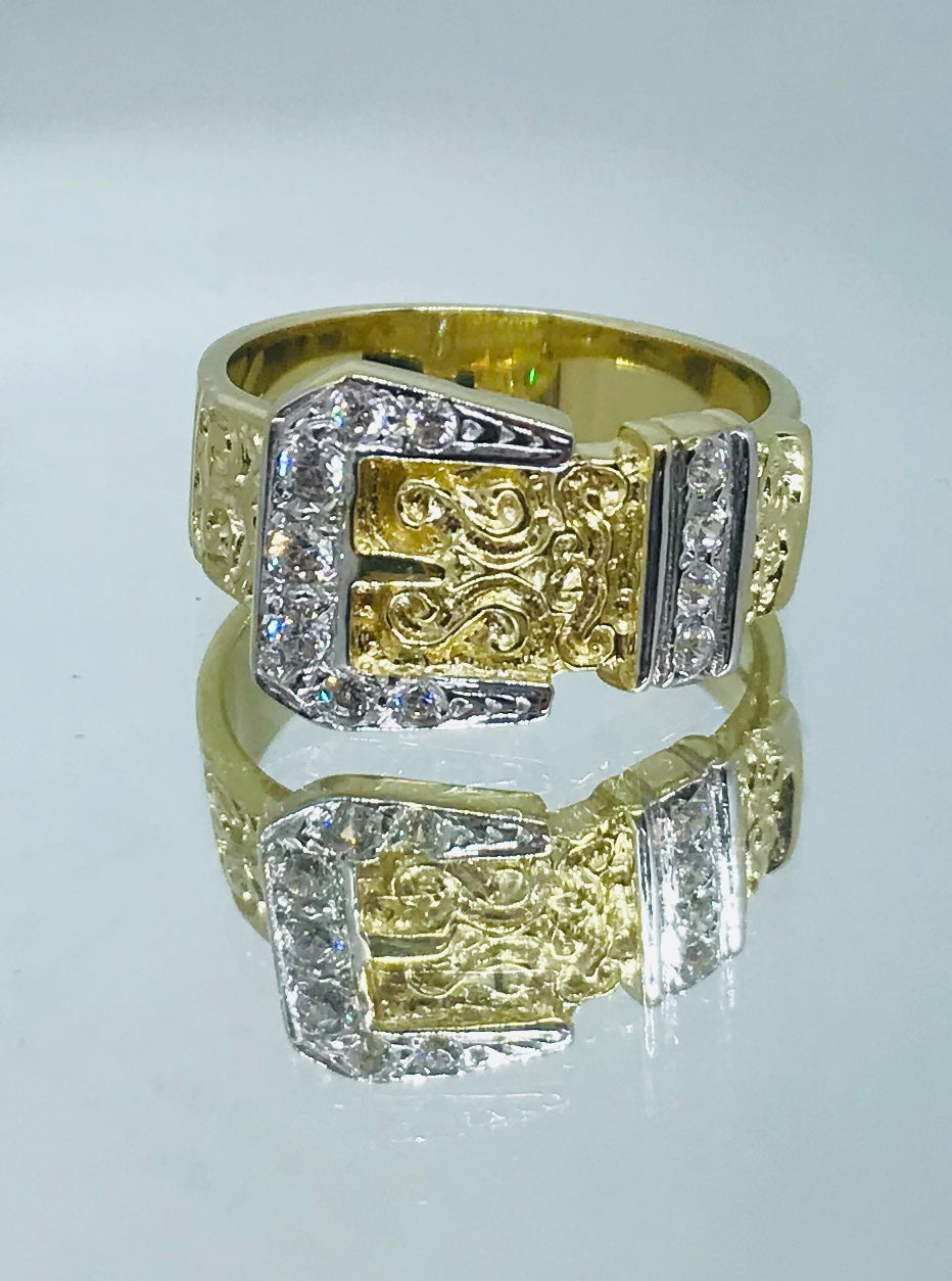 9ct Yellow Solid Gold Clear Zirconia Set Buckle Designed Band Ring (698)