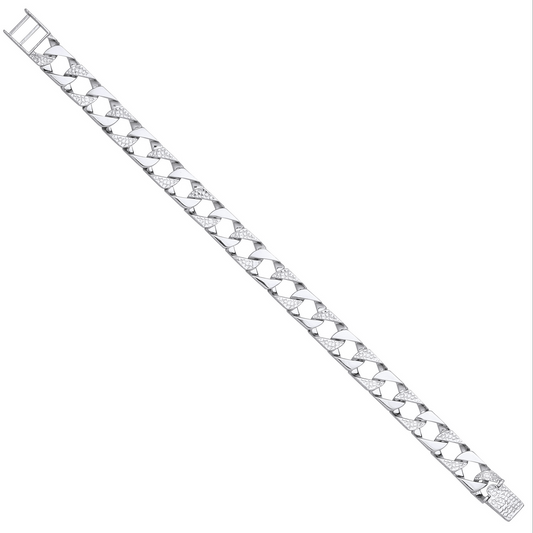 Sterling Silver Patterned and Plain Links Curb 8.5 Inch Bracelet Chain (0399)