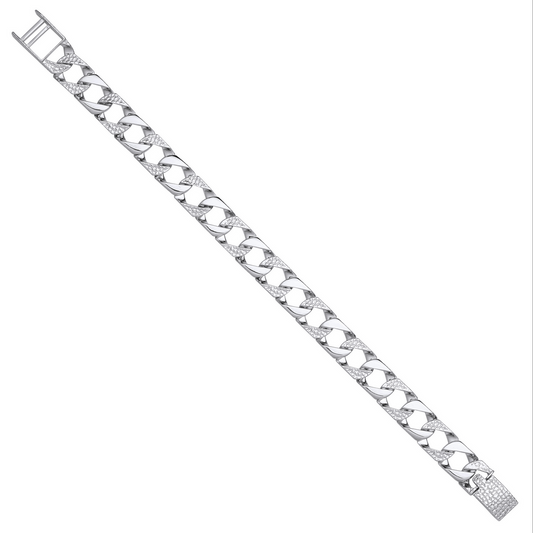 Sterling Silver Patterned and Plain Links Curb 8.5 Inch Bracelet Chain (0400)