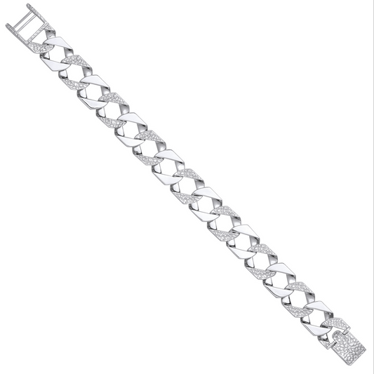 Sterling Silver Patterned and Plain Links Curb 8.5 Inch Bracelet Chain (04101)