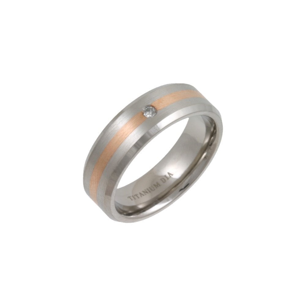Titanium and 9ct Rose Gold, Diamond set Inlay with Matt Effect Band Ring